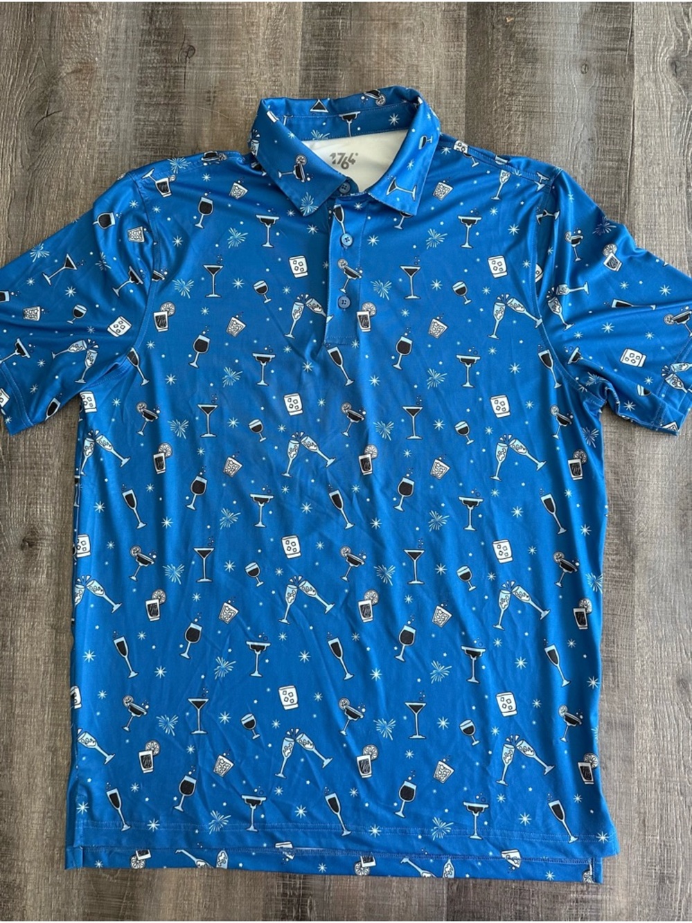 1764 Men's Blue Cocktail-Print Short Sleeve Polo Preppy Athleisure Casual Medium